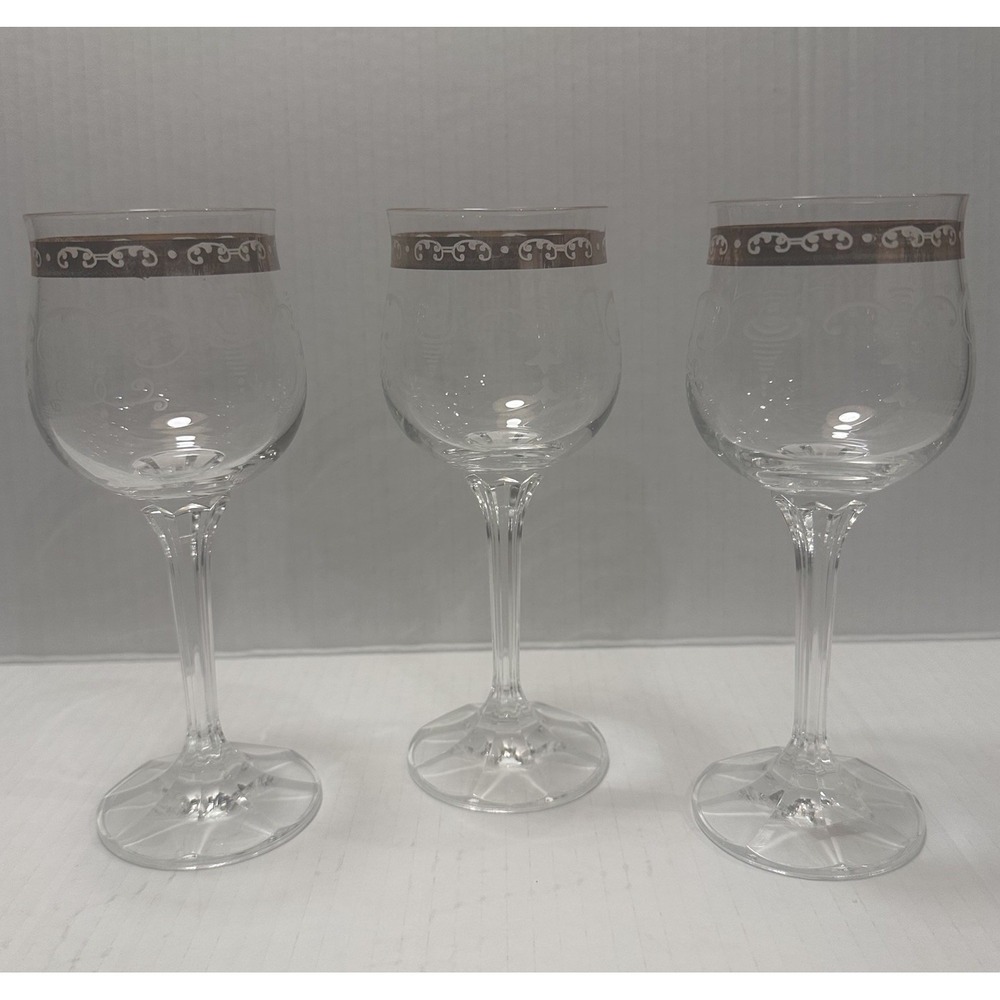 Vintage Czech Bohemian Crystal Etched Wine Glasses w/ Gold‎ Rim. Set of 3